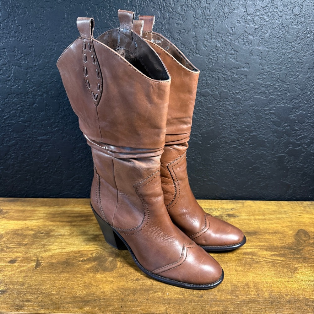 BCBGeneration Brown Faux‎ Leather Mid-Calf Western Boots Womens 8.5 US 38.5 EU